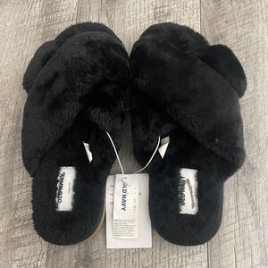 Old Navy Womens Faux Fur Criss-Cross‎ Slide Slippers Black Fuzzy House Shoes NEW